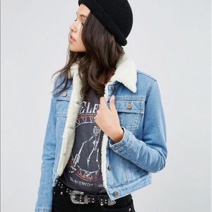 ASOS denim cropped jacket blue with borg